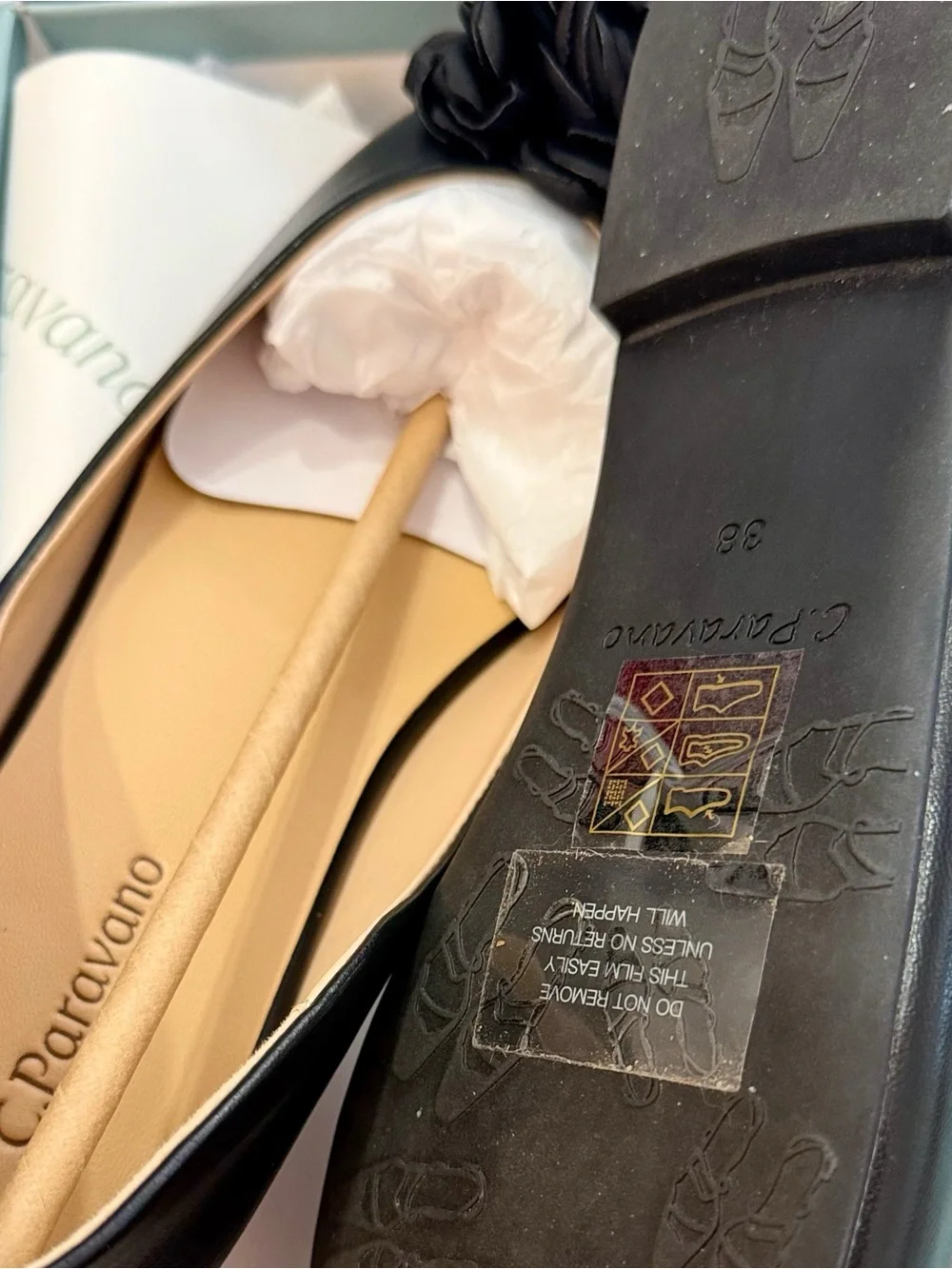 NIB C. Pavarano Black Floral Square Toe Leather Ballet Flats Size 7.5 (38)